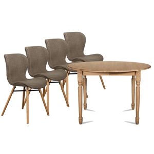 Hellin Table ronde extensible pieds tournes D115 + 4 chaises tissu