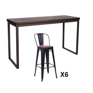 Mathi Design Table et chaises hautes en bois massif foncé et acier gris L 180 - Publicité