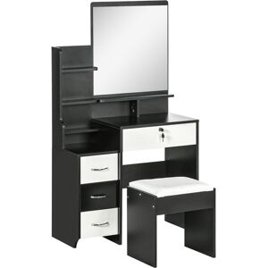 Homcom Ensemble coiffeuse tabouret 4 tiroirs 4 étagères miroir noir blanc Noir 80x143x38cm