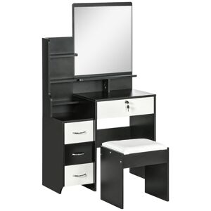 Homcom Ensemble coiffeuse tabouret 4 tiroirs 4 étagères miroir noir blanc