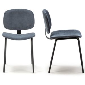 Homifab Lot de 2 chaises en velours côtelé bleu piètement noir Bleu 45x79x51cm