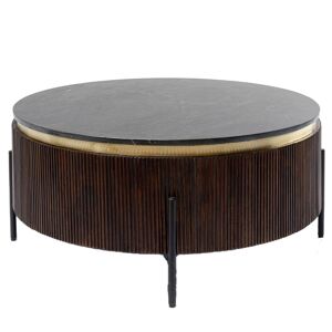 Kare Design Table basse ronde en marbre mineral noir et manguier massif Marron 90x40x90cm