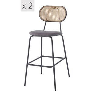 Nordlys Lot de 2 tabourets de bar en métal et cannage tissu noir