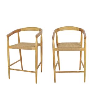Drawer Lot de 2 fauteuils de bar en teck et corde tresse H65cm bois clair