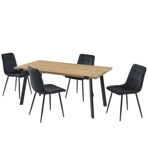 Baita Ensemble repas effet chêne et velours noir 4 chaises