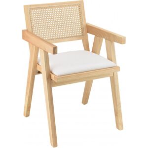 MACABANE Fauteuil bois d Hevea assise tissu blanc dossier rotin naturel