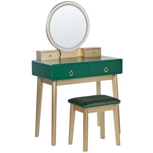 Beliani Coiffeuse avec miroir a LED et tabouret vert et dore