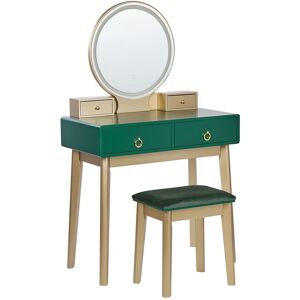 Beliani Coiffeuse avec miroir à LED et tabouret vert et doré - Publicité