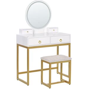 Beliani Coiffeuse blanc et dore avec miroir a LED et tabouret