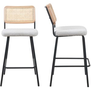 Homifab Lot de 2 tabourets de bar en velours côtele beige et cannage naturel