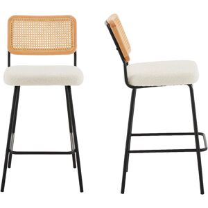 Homifab Lot de 2 tabourets de bar en tissu bouclé écru et cannage naturel - Publicité