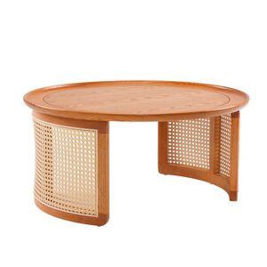 Urban Meuble Table basse ronde elegante en bois avec details en rotin 70x70cm