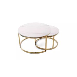 meubles moss Lot de deux tables gigognes rondes effet marbre blanc pieds dorés - Roméo Ø60/80