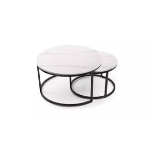 meubles moss Lot de deux tables gigognes rondes effet marbre blanc pieds noirs - Carrare Ø60/80