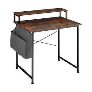 tectake Table de bureau avec étagère de rangement et poche en tissu - Bois foncé industriel, rustique, 80 cm -404662