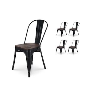 Chaise en métal noir mat et assise en bois foncé - Style industriel - x4 Kosmi