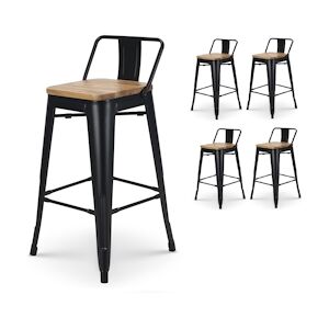 Tabouret de bar en métal noir mat avec dossier et assise en bois clair - Hauteur 66cm - Style Industriel x4 Kosmi - Publicité