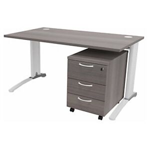 JPG Pack bureau droit Biospace L.140 x P.80 cm Plateau Cedre Pieds Blanc Embases Aluminium + caisson mobile 3 tiroirs Cedre