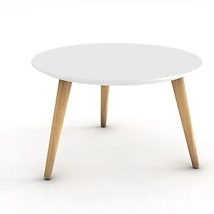 JPG Table basse Marit, plateau rond laqué blanc, 3 pieds bois naturel - Publicité