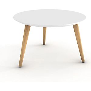 JPG Table basse Marit, plateau rond laqué blanc, 3 pieds bois naturel - Publicité