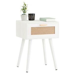 Non communiqué Table de chevet KIRAN 1 tiroir, table de nuit design vintage en bois blanc et lin Blanc - Publicité