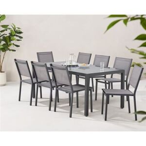 Non communiqué Ensemble repas de jardin : Table 180 cm + 8 chaises - Structure aluminium - Plateau verre trempé - Gris - Publicité