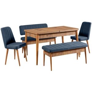 Non communiqué Hanah Home - Ensemble repas table chaises et banc Vina noyer et bleu foncé Noyer et bleu foncé - Publicité