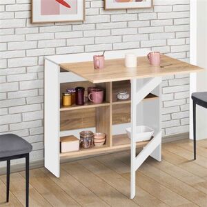 Non communiqué Table console pliable EDI 2-6 personnes avec rangements bois blanc plateau façon hêtre 150 x 80 cm Blanc - Publicité