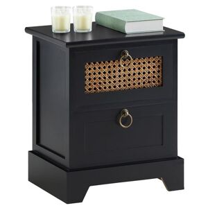 Non communiqué Table de chevet PADMA 2 tiroirs, table de nuit design vintage en bois lasuré noir et rotin Noir - Publicité