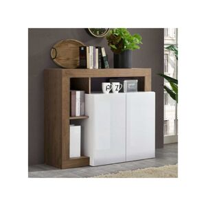 Tousmesmeubles Buffet moderne bois laqué blanc brillant chêne noisette 2 portes ISCHIA