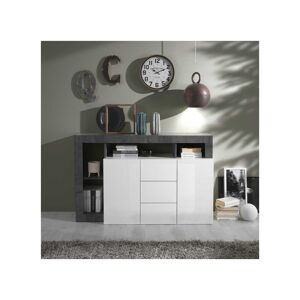 Tousmesmeubles Buffet moderne bois Blanc laqué brillant Béton ciré foncé 2 portes ISCHIA