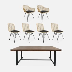 sweeek Table à manger bois et métal. 190cm + 2 fauteuils et 4 chaises en rotin naturel. coussins noirs - Noir - Publicité