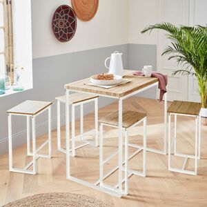 sweeek Set table haute rectangulaire LOFT avec 4 tabourets de bar. acier et décor bois. encastrable. design - Blanc - Publicité