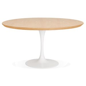 ALTEREGO Table de salle a manger ronde 'BRIK' en bois finition naturelle et pied central en metal blanc - Ø 140 cm