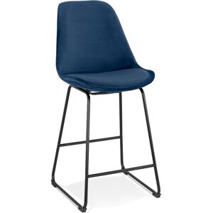 ALTEREGO Tabouret snack mi-hauteur 'BULLY MINI' en velours bleu et pieds en metal noir