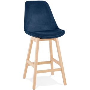 ALTEREGO Tabouret snack mi-hauteur 'MORISS MINI' en velours bleu et pieds en bois naturel