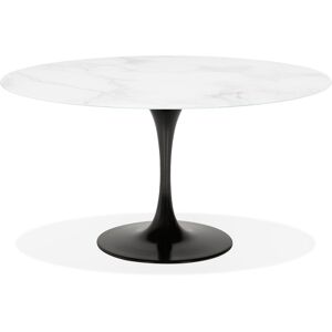 ALTEREGO Table a manger 'SHADOW' ronde en verre blanc effet marbre et pied central noir - Ø 140 CM