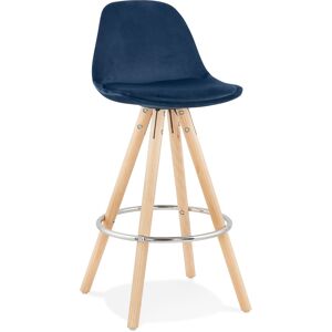 ALTEREGO Tabouret snack mi-hauteur 'SPIRIT MINI' en velours bleu et pieds en bois naturel