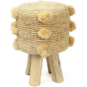 Tabouret Bohème Chic Naturel à Pompons en Bois de Teck, Raphia - Publicité