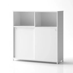 Armoire de rangement de bureau Crito Extra Large - 2 compartiments ouverts, 2 portes coulissantes, 2 étagères, Base  Base en métal sur pieds, Couleur Blanc, Verrou Sans