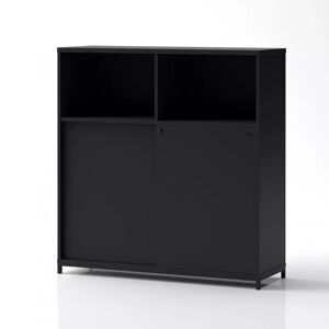 Brizley of Scandinavia Armoire de rangement de bureau Crito Extra Large - 2 compartiments ouverts, 2 portes coulissantes, 2 étagères, Couleur Noir, Verrou Avec, Base  Base en métal sur pieds