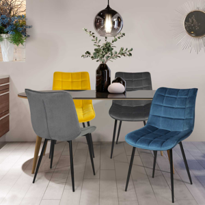 IDMarket Lot de 4 chaises en velours bleu, jaune, gris clair et fonce matelasse
