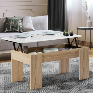 IDMarket Table basse avec plateau relevable bois blanc et imitation hêtre