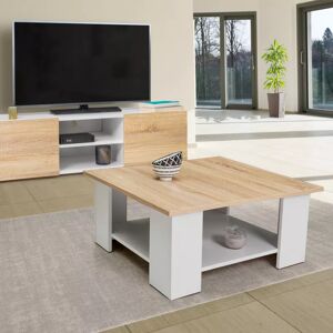 IDMarket Table de salon carree design bois imitation hetre et blanc