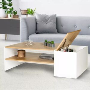 IDMarket Table basse bar contemporaine rectangulaire IZIA avec coffre blanc et plateaux bois - Publicité