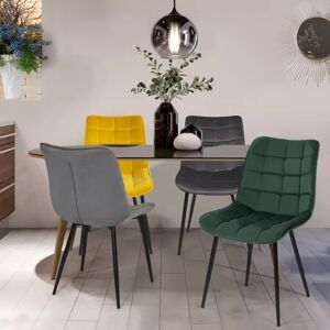 IDMarket Lot de 4 chaises en velours vert, jaune, gris clair et foncé matelassé