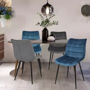IDMarket Lot de 4 chaises en velours bleu x2, gris clair et gris foncé matelassé