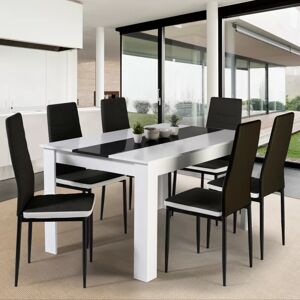 IDMarket Ensemble table à manger GEORGIA 140 cm blanche et noire et 6 chaises ROMANE noires liseré blanc