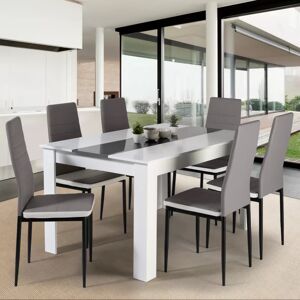 IDMarket Ensemble table à manger GEORGIA 140 cm blanche et grise et 6 chaises ROMANE grises liseré blanc - Publicité