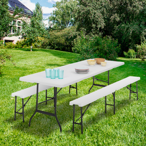 ProBache Table pliante portable blanche 1m80 et 2 bancs pliables